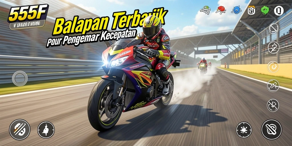 Tampilan screenshot 555F menampilkan aksi balapan motor yang seru dan mendebarkan.