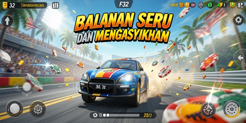 Tampilan gameplay seru dari balapan F32 yang mendebarkan.