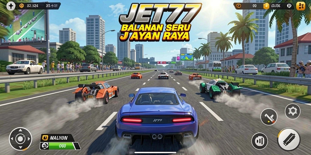 Screenshot gameplay JET77 menunjukkan balapan penuh aksi di jalanan.