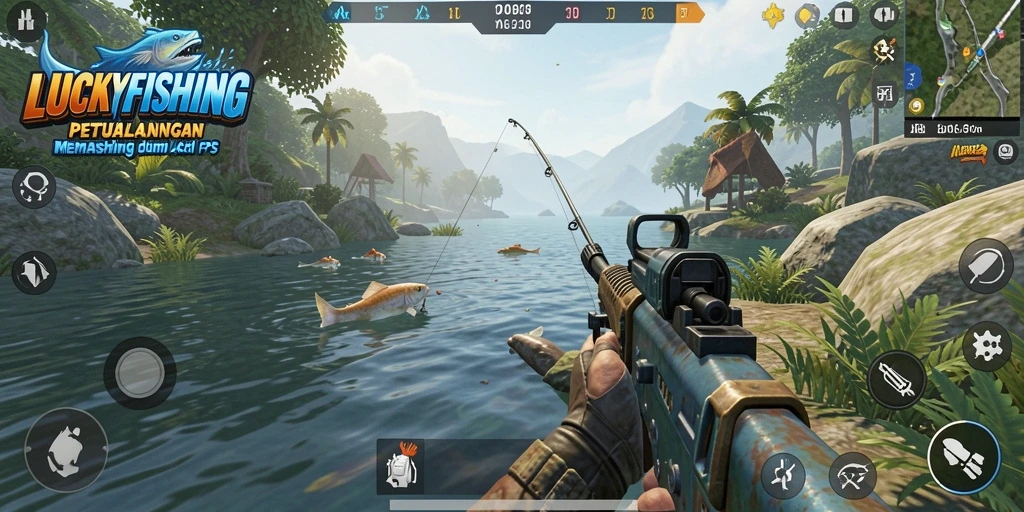 Tampilan gameplay seru dalam LUCKYFISHING dengan momen aksi menembak dan memancing.